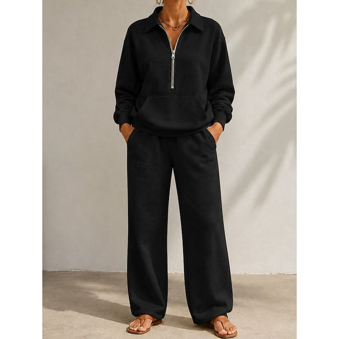 Women's Half-Zip Collared Top Wide-Leg Trousers Set