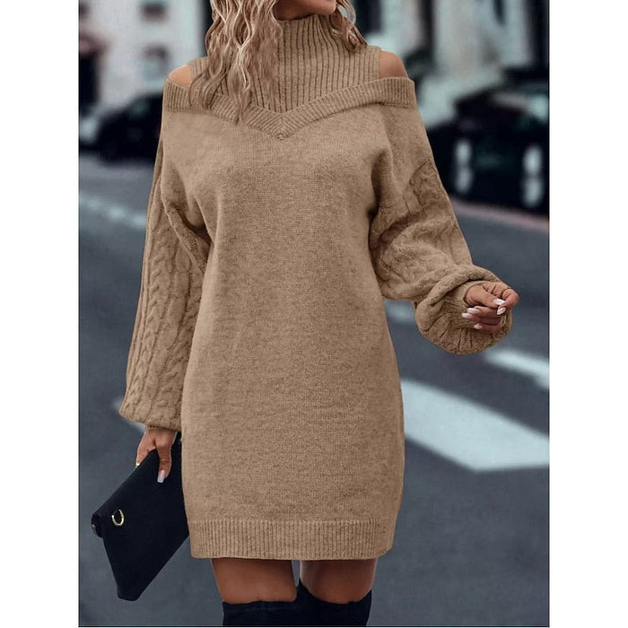 Women's Cold-Shoulder Turtleneck Jumper Dress Cable Knit