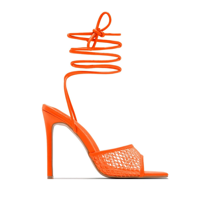 Women's Mesh Lace-Up Heeled Sandals Open Toe Square Heel