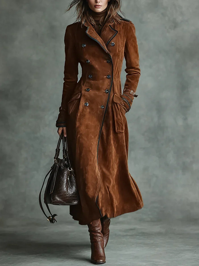 Women's Double-Breasted Longline Coat with Notch Lapel