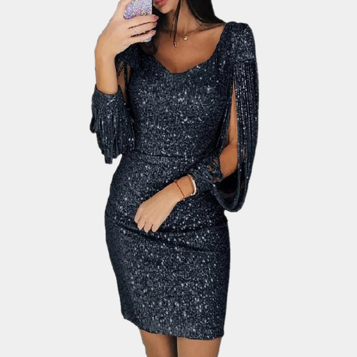 Women's Sequin Bodycon Mini Dress V-Neck Fringe Sleeves