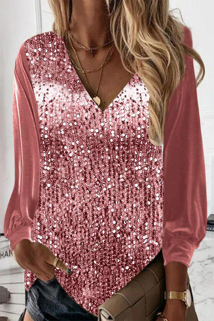Women's Sequin V-Neck Blouse with Long Sleeves