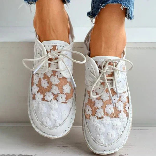 Women's Embroidered Lace-Up Sneakers with Floral Mesh