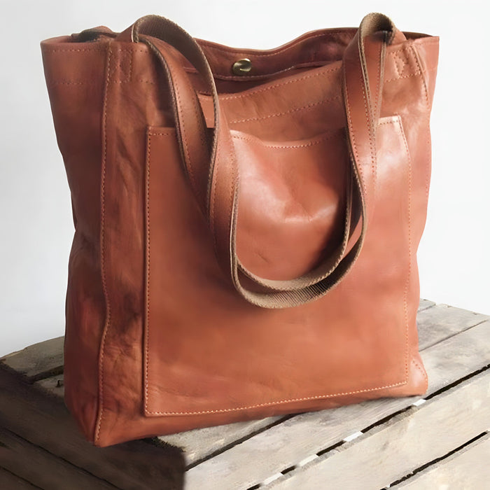 Women's Leather Tote Bag with Front Pocket Shoulder Handles