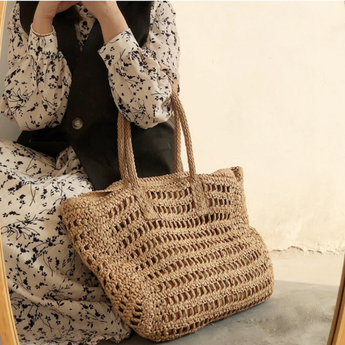 Women's Woven Tote Bag with Braided Handles