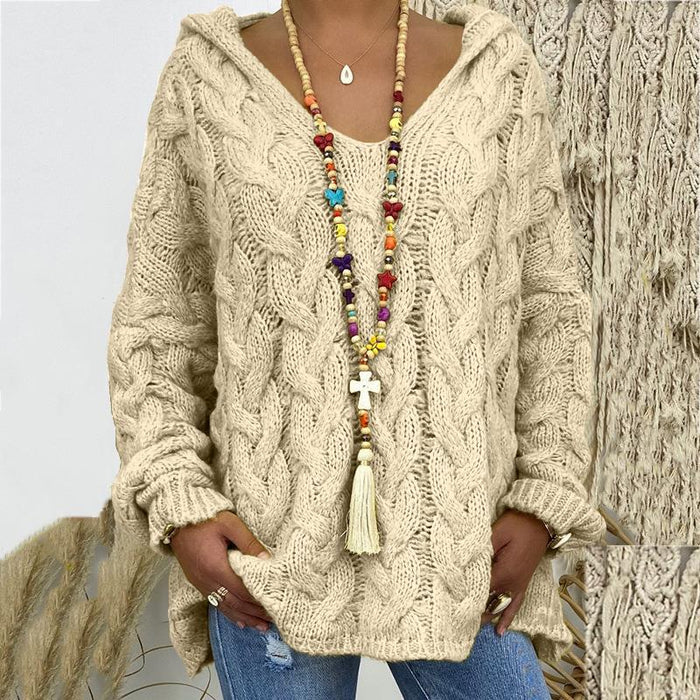 Women's Cable Knit Jumper with V-Neck and Relaxed Fit