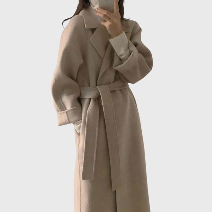 Women's Long Belted Coat Notched Lapel Wrap-Front