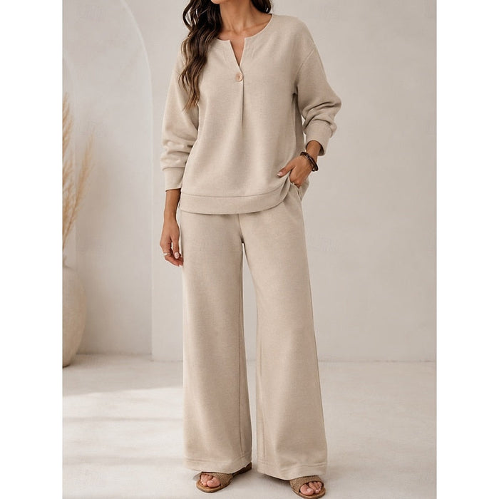 Women's Relaxed Two-Piece Lounge Set V-Neck Top Wide-Leg