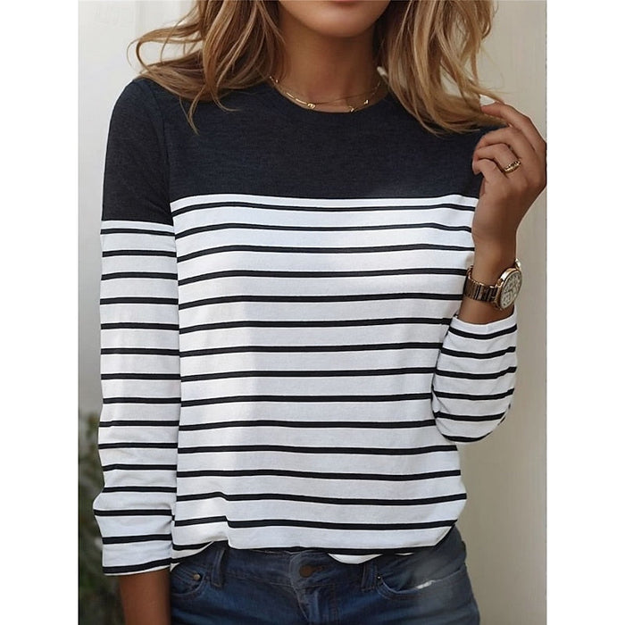 Women's Striped Long Sleeve Top with Round Neckline