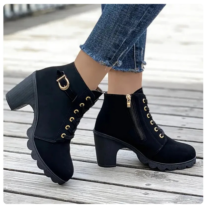 Women's Lace-Up Ankle Boots with Block Heel Side Zip